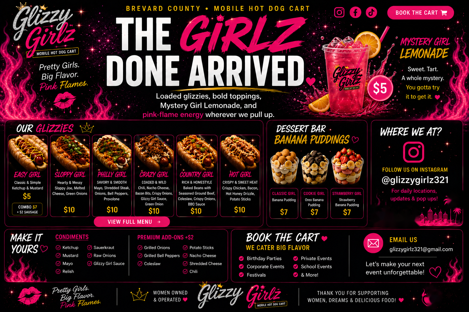Glizzy Girlz landing page with menu, Instagram @glizzygirlz321, and email glizzygirlz321@gmail.com